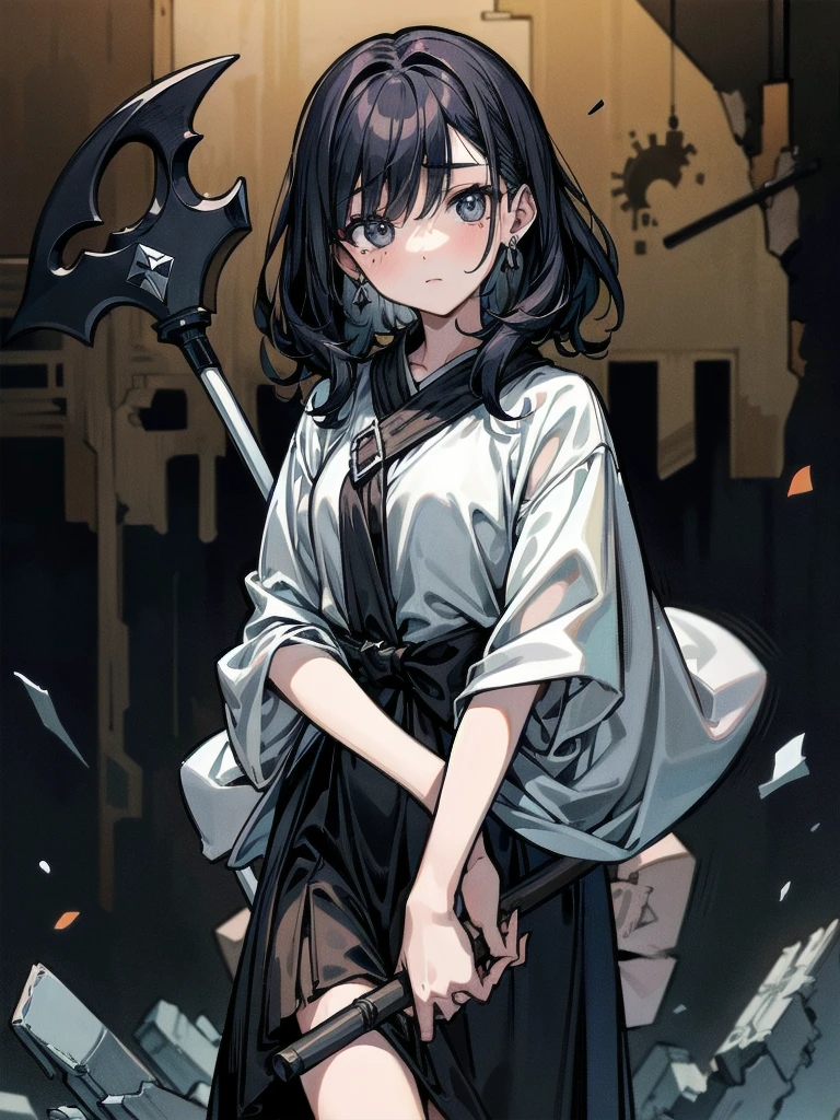 (ruined city), grim reaper, black scythe, robe, absurdres, RAW photo, extremely delicate and beautiful, masterpiece, Best Quality, ultra high resolution, 32k, hyperrealistic, ultra-detailed, detailed description, pale skin, 20 years old, tearful mole, earring, short medium hair, wavy hair, whole body shot,