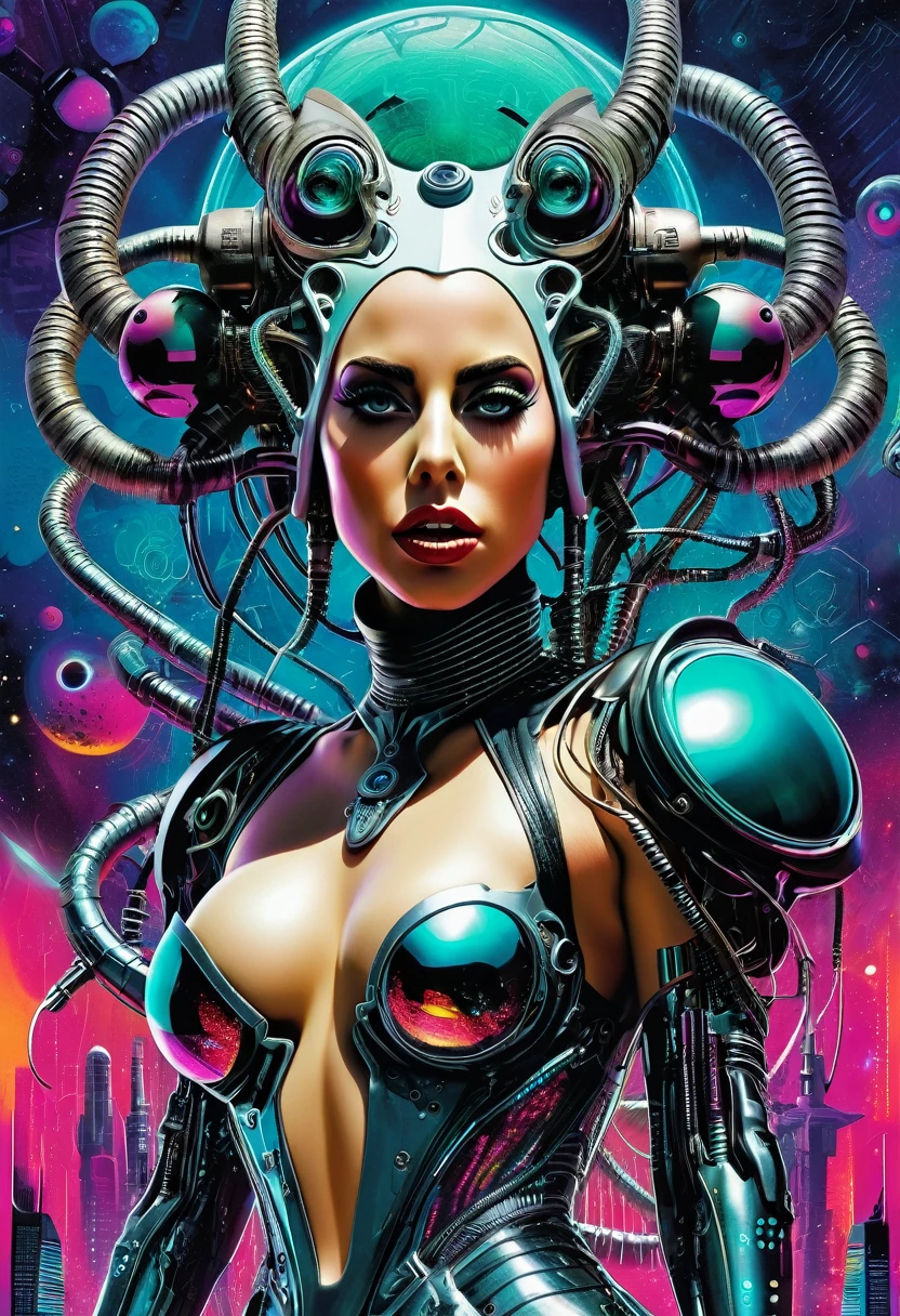 Lovecraftian Lady gaga, sexy cyborg body part, magazine cover, poster art , Lovecraftian creative creatures, hint of vibrant, bold huge text, matted design layout. technological elements, cosmic dread, noise background