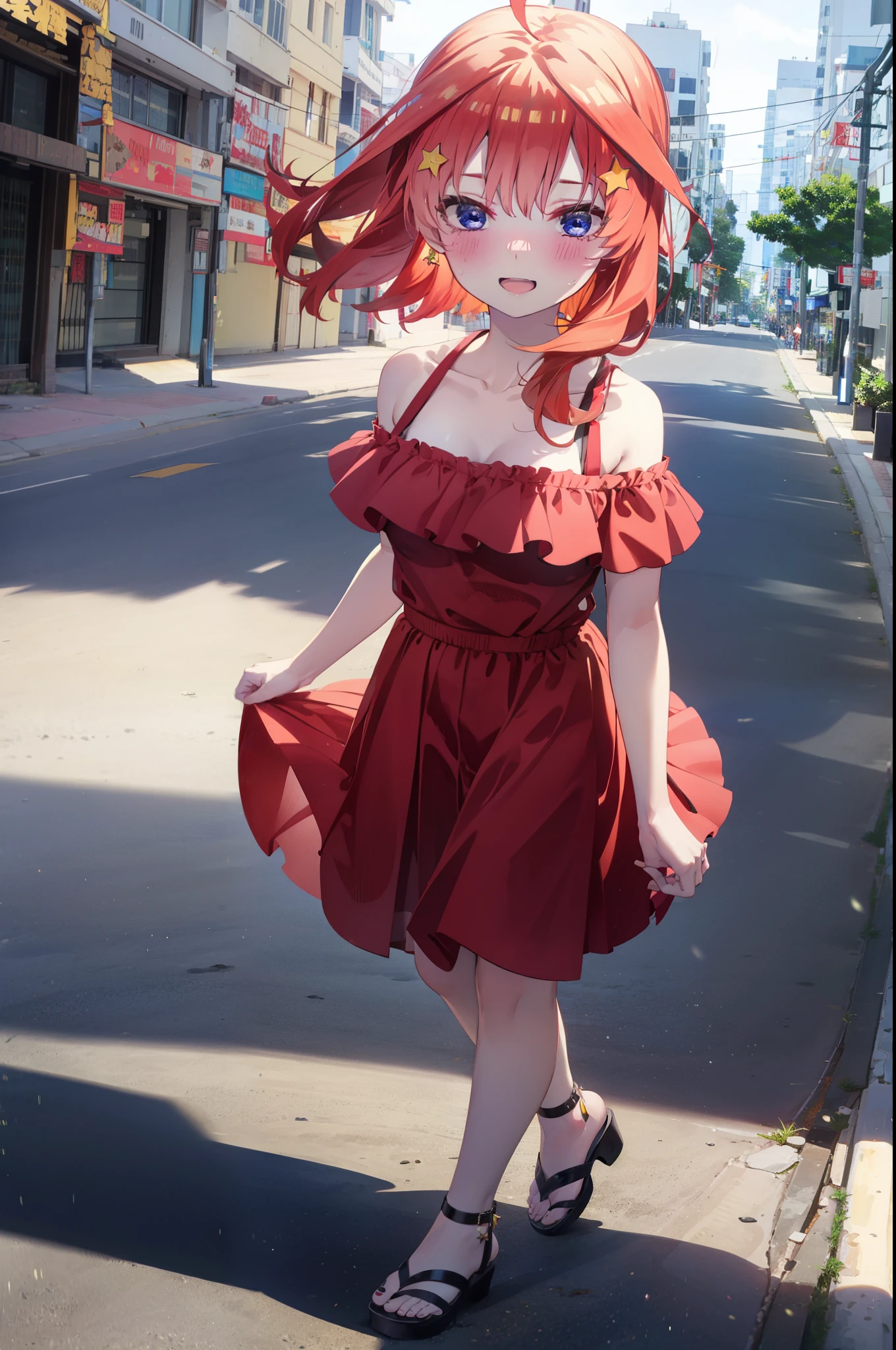 itsukinakano, Itsuki Nakano, bangs, blue eyes, Hair between the eyes, Ahoge, Redhead, star \(symbol\), hair ornaments, star hair ornaments,star型ペンダント,happy smile, smile, Open your mouth,Off-the-shoulder red dress,Exposing shoulders,Spring clavicle,Bare neck,Bare arms,Red long skirt,Cute heeled sandals,Real Summer,Daytime,sunny,My hair is blowing in the wind,whole bodyがイラストに入るように,Looking down from above,
break outdoors, city,海岸通り
break looking at viewer, whole body,
break (masterpiece:1.2), highest quality, High resolution, unity 8k wallpaper, (shape:0.8), (Beautiful details:1.6), Highly detailed face, Perfect lighting, Extremely detailed CG, (Perfect hands, Perfect Anatomy),