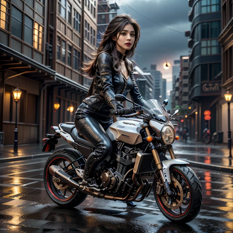 (highest quality、4K、8k、High resolution、masterpiece: 1.2)、Very detailed、(Genuine、Realistic、Realistic: 1.37)、photograph、(Front and side close-up of face:1.ung and very beautiful woman))、The woman is wearing protective clothing、(Ride a motorcycle and race)、(Leaning the motorcycle into a corner)、(Flowing hair and flowing clothes、background、Motion Blur Effect:1.37)、spark、Incandescent bulb、Neon color、Future City、Vibrant Street、Light reflections on wet sidewalk、Skyscraper、Sculptural architecture、Holographic Signage、Stylish and sophisticated design、Blurred motion of speeding cars、energy and excitement in the air、(Windy atmosphere)、Moonlit cityscape、Sure Future Motorcycle