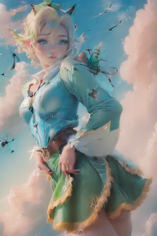 masterpiece, 8k, Perfect lighting, ,Adult , woman, View Viewer, Cinema Lighting, Cowboy Shot,  (Tinkerbell:1.5),( (TinkerbellWaifu:1.1)), Single hair bun, (緑のwinter用コート), (Green clothes), ((Clothes made from leaves)), Pointed Ears, blue eyes, (Fine grain:1.2), blush, Shrank,(((Flying in the sky))), (((fly in the sky:1.8))), cloud, , winter, snow,   