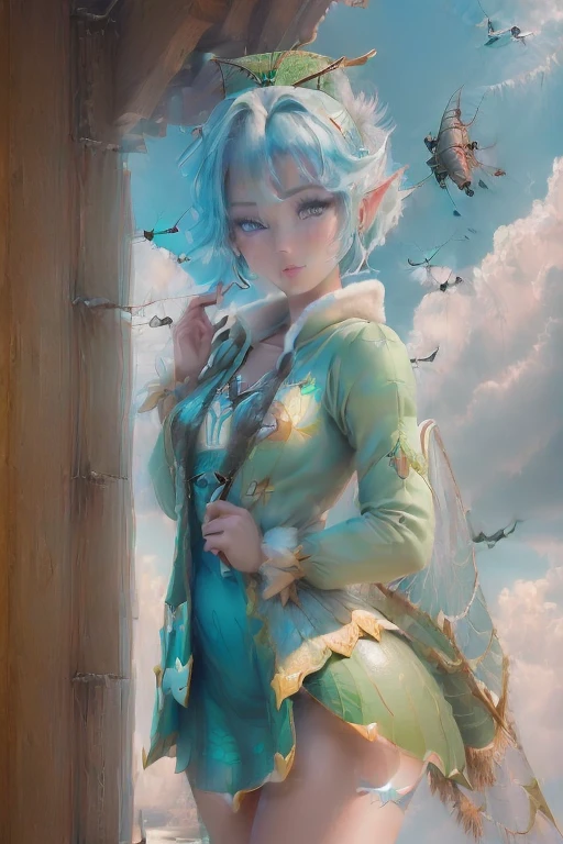 masterpiece, 8k, Perfect lighting, ,Adult , woman, View Viewer, Cinema Lighting, Cowboy Shot, (Tinkerbell:1.5),( (TinkerbellWaifu:1.1)), Single hair bun, (緑のwinter用コート), (Green clothes), ((Clothes made from leaves)), Pointed Ears, blue eyes, (Fine grain:1.2), blush, Shrank,(((Flying in the sky))), (((fly in the sky:1.8))), cloud, , winter, snow,