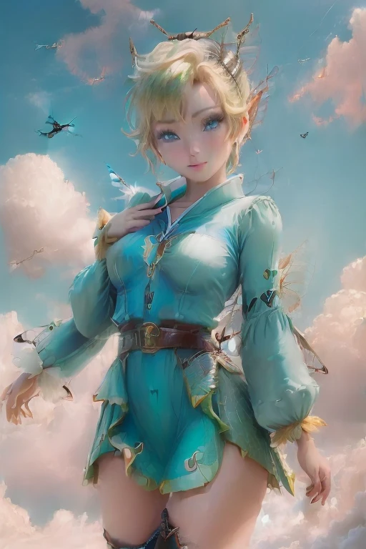 masterpiece, 8k, Perfect lighting, ,Adult , woman, View Viewer, Cinema Lighting, Cowboy Shot,  (Tinkerbell:1.5),( (TinkerbellWaifu:1.1)), Single hair bun, (緑のwinter用コート), (Green clothes), ((Clothes made from leaves)), Pointed Ears, blue eyes, (Fine grain:1.2), blush, Shrank,(((Flying in the sky))), (((fly in the sky:1.8))), cloud, , winter, snow,   