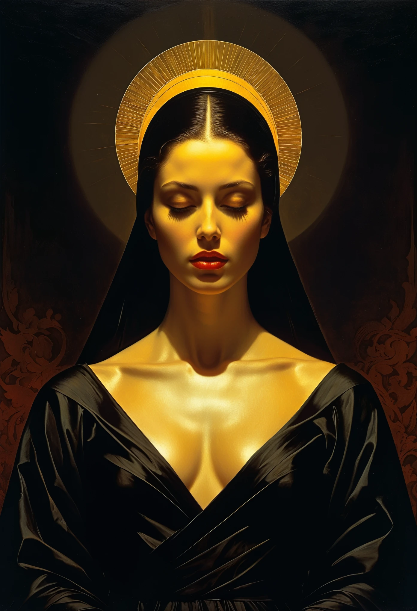 Iconic Lady in darkness sunny colors but extremely beautiful,masterpiece,religious, minimalist,mysterious hyperrealistic, Monochrome solid colors ,Gorgeous,sophisticated,by Michael Curtiz style,by caravaggio style,digital artwork by Beksinski