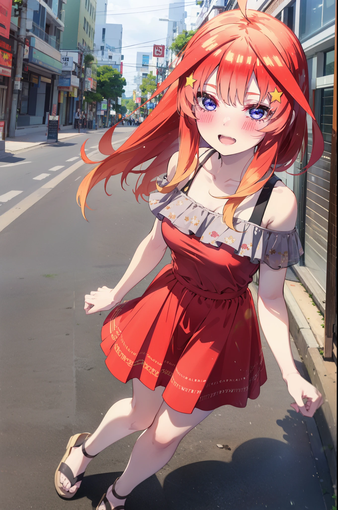itsukinakano, Itsuki Nakano, bangs, blue eyes, Hair between the eyes, Ahoge, Redhead, star \(symbol\), hair ornaments, star hair ornaments,star型ペンダント,happy smile, smile, Open your mouth,Off-the-shoulder red dress,Exposing shoulders,Spring clavicle,Bare neck,Bare arms,Red long skirt,Cute heeled sandals,Real Summer,Daytime,sunny,My hair is blowing in the wind,whole bodyがイラストに入るように,Looking down from above,
break outdoors, city,海岸通り
break looking at viewer, whole body,
break (masterpiece:1.2), highest quality, High resolution, unity 8k wallpaper, (shape:0.8), (Beautiful details:1.6), Highly detailed face, Perfect lighting, Extremely detailed CG, (Perfect hands, Perfect Anatomy),