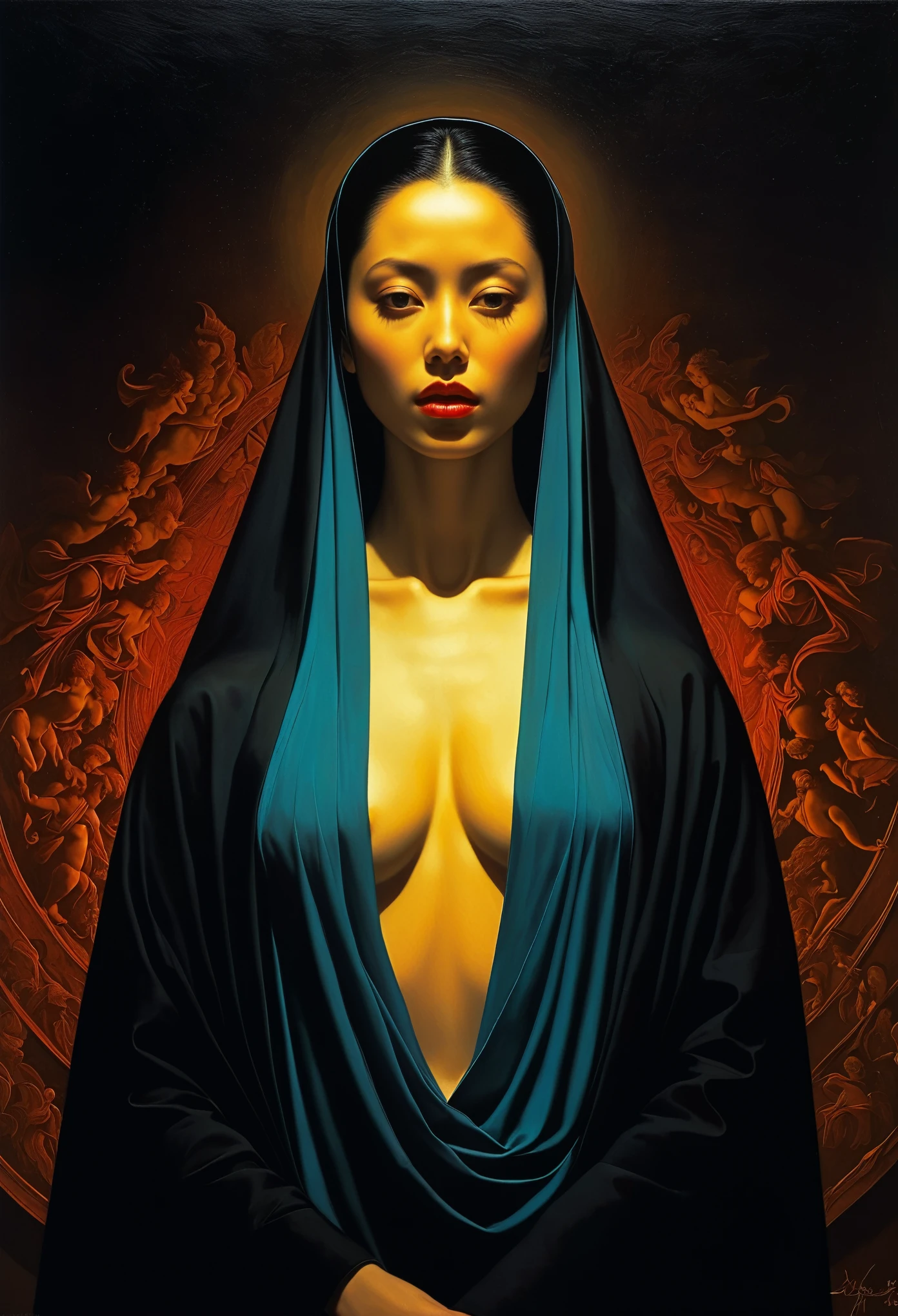 Iconic Lady in darkness sunny colors but extremely beautiful,masterpiece,religious, minimalist,mysterious hyperrealistic, Monochrome solid colors ,Gorgeous,sophisticated,by Michael Curtiz style,by caravaggio style,digital artwork by Beksinski，Zhao Liying，Liu Shishi