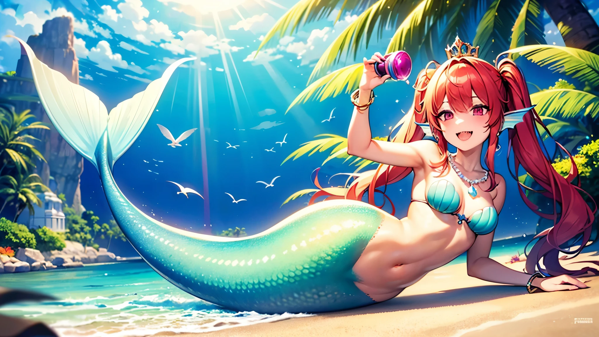 (best quality,4k,8k,highres,masterpiece:1.2),ultra-detailed, Pretty princess magically transformed into a beautiful mermaid, race swap, fantastic transformation, steampunk, long and detailed mermaid tail below waistline, fins ears, shimmering red fish scales, drawn in anime style, very long twintails red hair, sharp teeth, is smiling, pink eyes, small breast, long pelvic and dorsal fins, pair of fish gills on the torso, seashells bra, starfish hair clips, pearl earrings and bracelets, pearl necklace, hair ribbons, gold tiara, resting on a sandy beach, new beautiful body,she’s smiling,embracing her new life has a mermaid, brushing her hair and holding a small mirror, ocean waves,sparkling water,coconut trees,seagulls,coral reef,vibrant colors,magical glow,shimmering scales,sea breeze,warm sunlight,joyful expression,island paradise,lush tropical plants,dynamic composition,soft and smooth lines,expressive facial features,gentle water reflections,serene atmosphere, Highly detailed, masterpiece, high quality, 4K.