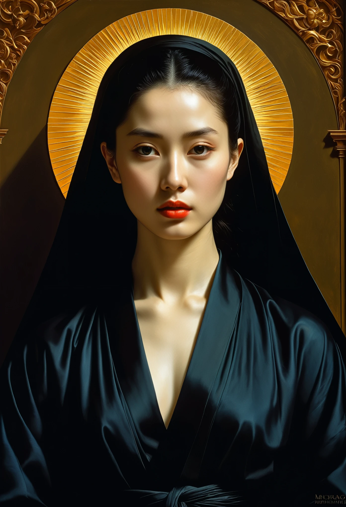  (((Iconic Lady in darkness sunny colors but extremely beautiful))) (((masterpiece,religious, minimalist,mysterious hyperrealistic))) (((Monochrome solid colors))) (((Gorgeous,sophisticated))) (((by Michael Curtiz style,by caravaggio style))),digital artwork by Beksinski，Zhao Liying，Liu Shishi，Liu Yifei