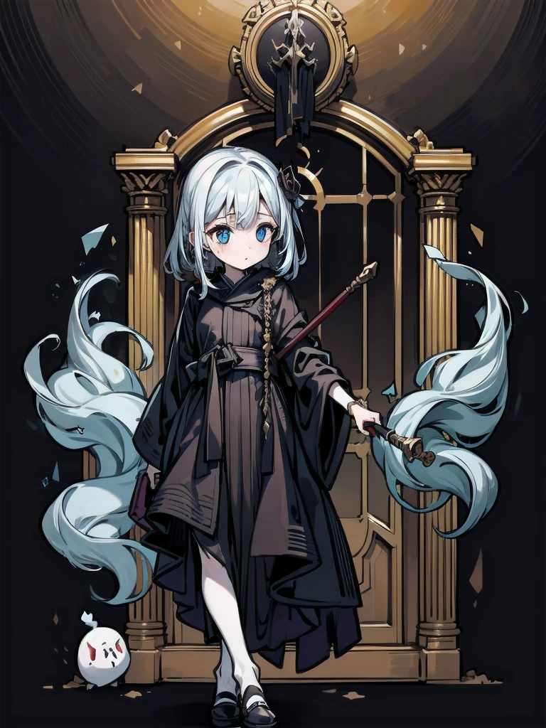 (ruined city), girl and grim reaper, black scythe, robe, absurdres, RAW photo, extremely delicate and beautiful, masterpiece, Best Quality, ultra high resolution, 32k, hyperrealistic, ultra-detailed, detailed description, pale skin, 20 years old, tearful mole, earring, short medium hair, wavy hair, whole body shot,