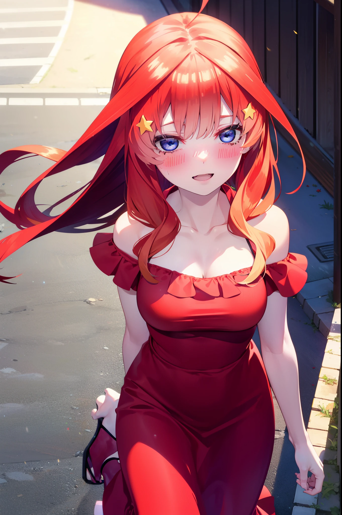 itsukinakano, Itsuki Nakano, bangs, blue eyes, Hair between the eyes, Ahoge, Redhead, star \(symbol\), hair ornaments, star hair ornaments,star型ペンダント,happy smile, smile, Open your mouth,Off-the-shoulder red dress,Exposing shoulders,Spring clavicle,Bare neck,Bare arms,Red long skirt,Cute heeled sandals,Real Summer,Daytime,sunny,My hair is blowing in the wind,whole bodyがイラストに入るように,Looking down from above,
break outdoors, city,海岸通り
break looking at viewer, whole body,
break (masterpiece:1.2), highest quality, High resolution, unity 8k wallpaper, (shape:0.8), (Beautiful details:1.6), Highly detailed face, Perfect lighting, Extremely detailed CG, (Perfect hands, Perfect Anatomy),