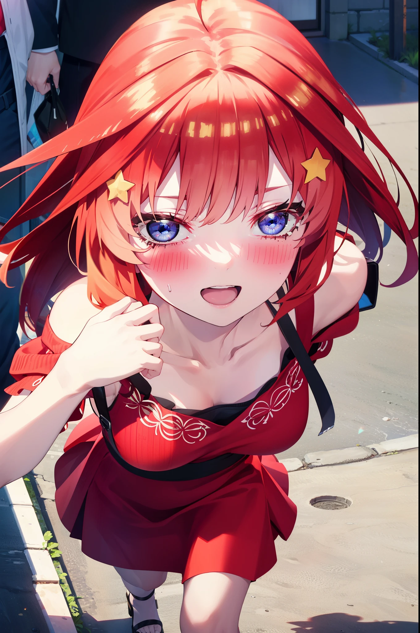 itsukinakano, Itsuki Nakano, bangs, blue eyes, Hair between the eyes, Ahoge, Redhead, star \(symbol\), hair ornaments, star hair ornaments,star型ペンダント,happy smile, smile, Open your mouth,Off-the-shoulder red dress,Exposing shoulders,Spring clavicle,Bare neck,Bare arms,Red long skirt,Cute heeled sandals,Real Summer,Daytime,sunny,My hair is blowing in the wind,whole bodyがイラストに入るように,Looking down from above,
break outdoors, city,海岸通り
break looking at viewer, whole body,
break (masterpiece:1.2), highest quality, High resolution, unity 8k wallpaper, (shape:0.8), (Beautiful details:1.6), Highly detailed face, Perfect lighting, Extremely detailed CG, (Perfect hands, Perfect Anatomy),