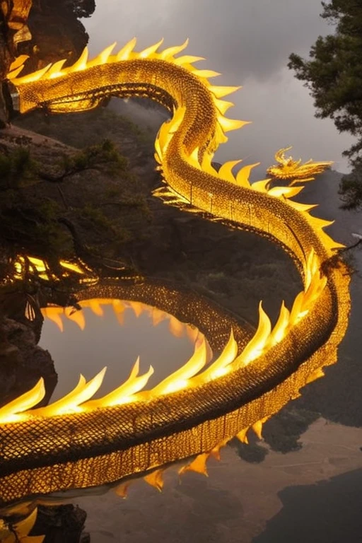 So sublime and divine々A beautiful golden dragon coiled up in the center of the screen, glaring at the camera.。金色のThe dragon is幸せをもたらす神なのでとても有難い存在である。The surrounding area is a canyon where no one can get close, and lightning is flashing in the background.、The sun is shining brightly。The dragon is、I want a realistic image。