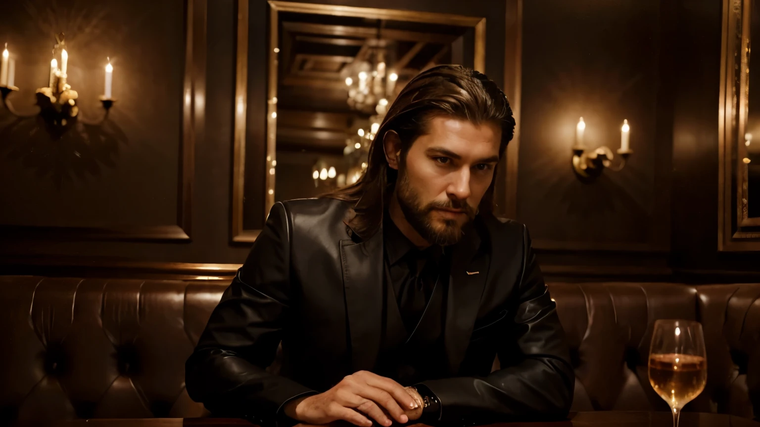A rich man in a luxury restaurant - with long brown hair and a short beard - in a black leather suit - reality - natural - high quality with details - cinematic