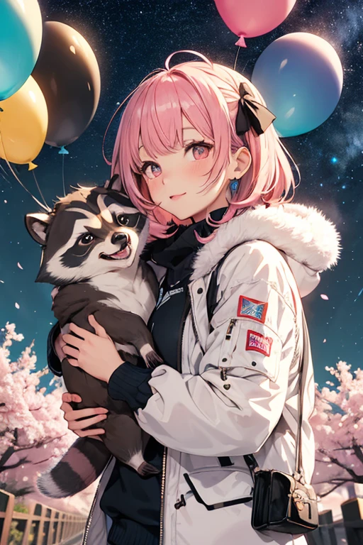 Pink hair, girl with a chunky raccoon in her arms, girl with fluffy jacket, cherry blossoms in the background, starry night sky with northern lights, candy, rainbow, colorful balloons, fluffy