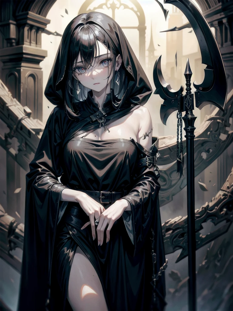 (ruined city), girl and grim reaper, black scythe, robe, absurdres, RAW photo, extremely delicate and beautiful, masterpiece, Best Quality, ultra high resolution, 32k, hyperrealistic, ultra-detailed, detailed description, pale skin, 20 years old, tearful mole, earring, short medium hair, wavy hair, whole body shot,