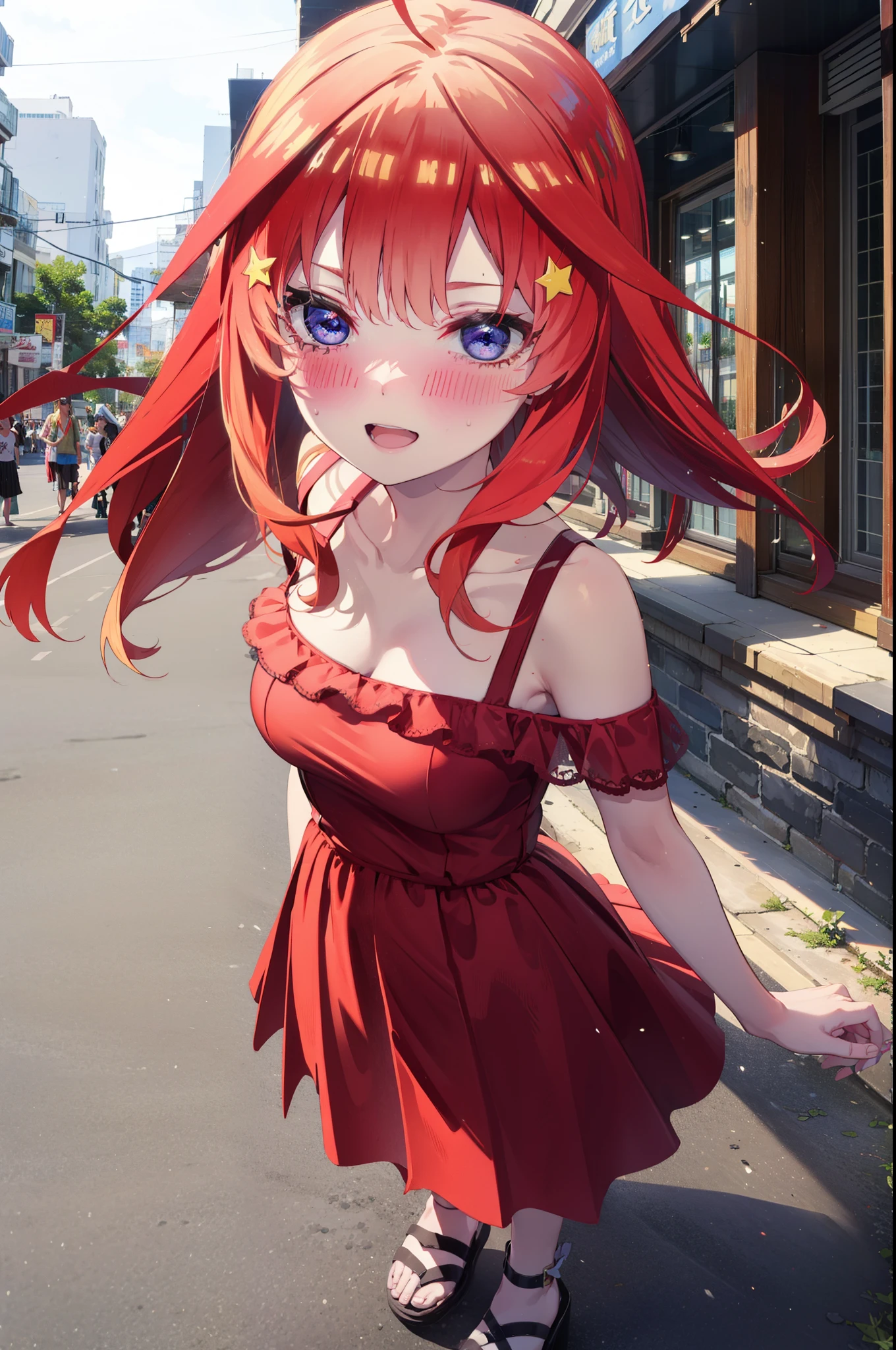 itsukinakano, Itsuki Nakano, bangs, blue eyes, Hair between the eyes, Ahoge, Redhead, star \(symbol\), hair ornaments, star hair ornaments,star型ペンダント,happy smile, smile, Open your mouth,Off-the-shoulder red dress,Exposing shoulders,Spring clavicle,Bare neck,Bare arms,Red long skirt,Cute heeled sandals,Real Summer,Daytime,sunny,My hair is blowing in the wind,whole bodyがイラストに入るように,Looking down from above,
break outdoors, city,海岸通り
break looking at viewer, whole body,
break (masterpiece:1.2), highest quality, High resolution, unity 8k wallpaper, (shape:0.8), (Beautiful details:1.6), Highly detailed face, Perfect lighting, Extremely detailed CG, (Perfect hands, Perfect Anatomy),