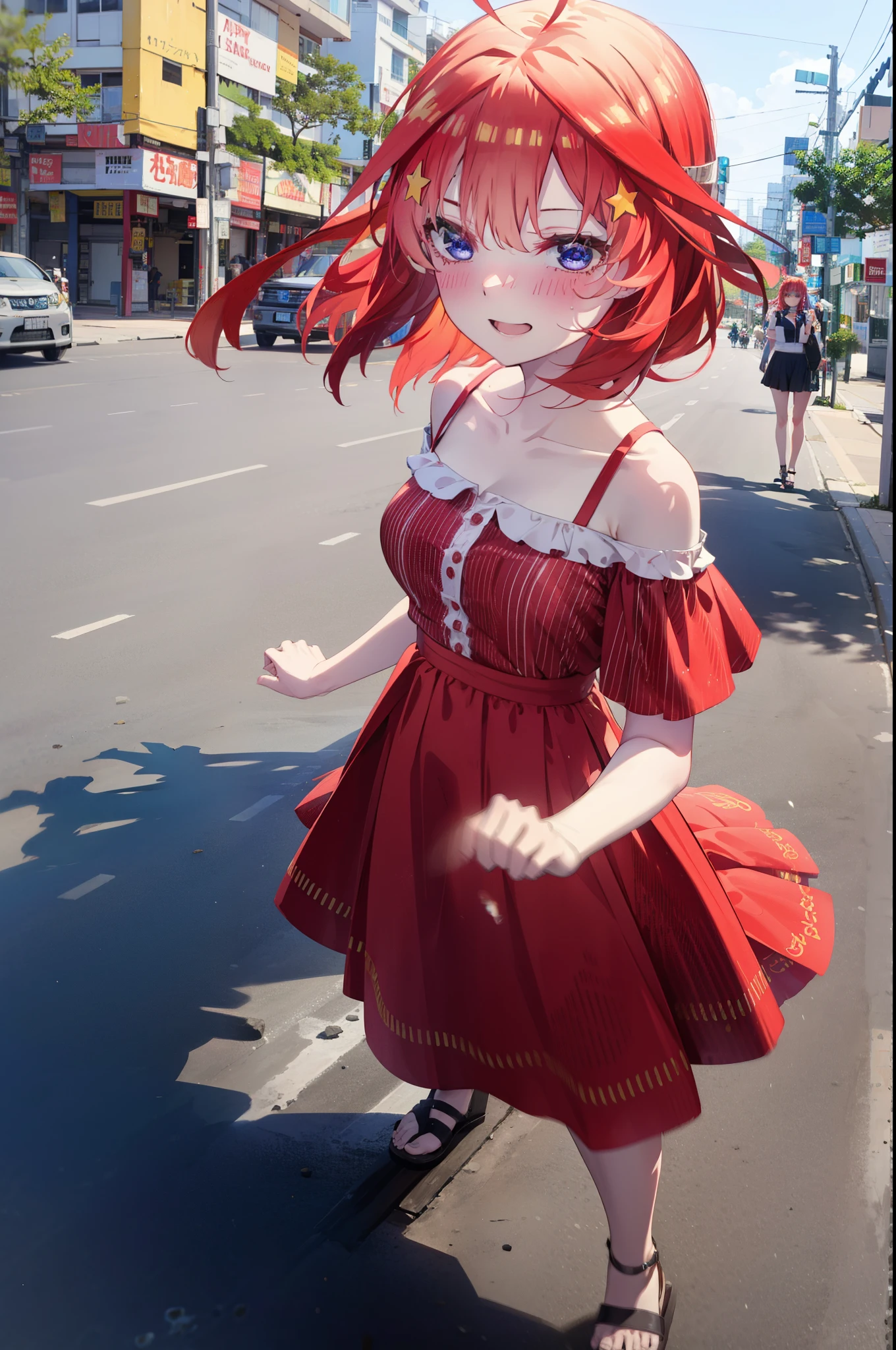 itsukinakano, Itsuki Nakano, bangs, blue eyes, Hair between the eyes, Ahoge, Redhead, star \(symbol\), hair ornaments, star hair ornaments,star型ペンダント,happy smile, smile, Open your mouth,Off-the-shoulder red dress,Exposing shoulders,Spring clavicle,Bare neck,Bare arms,Red long skirt,Cute heeled sandals,Real Summer,Daytime,sunny,My hair is blowing in the wind,whole bodyがイラストに入るように,Looking down from above,
break outdoors, city,海岸通り
break looking at viewer, whole body,
break (masterpiece:1.2), highest quality, High resolution, unity 8k wallpaper, (shape:0.8), (Beautiful details:1.6), Highly detailed face, Perfect lighting, Extremely detailed CG, (Perfect hands, Perfect Anatomy),