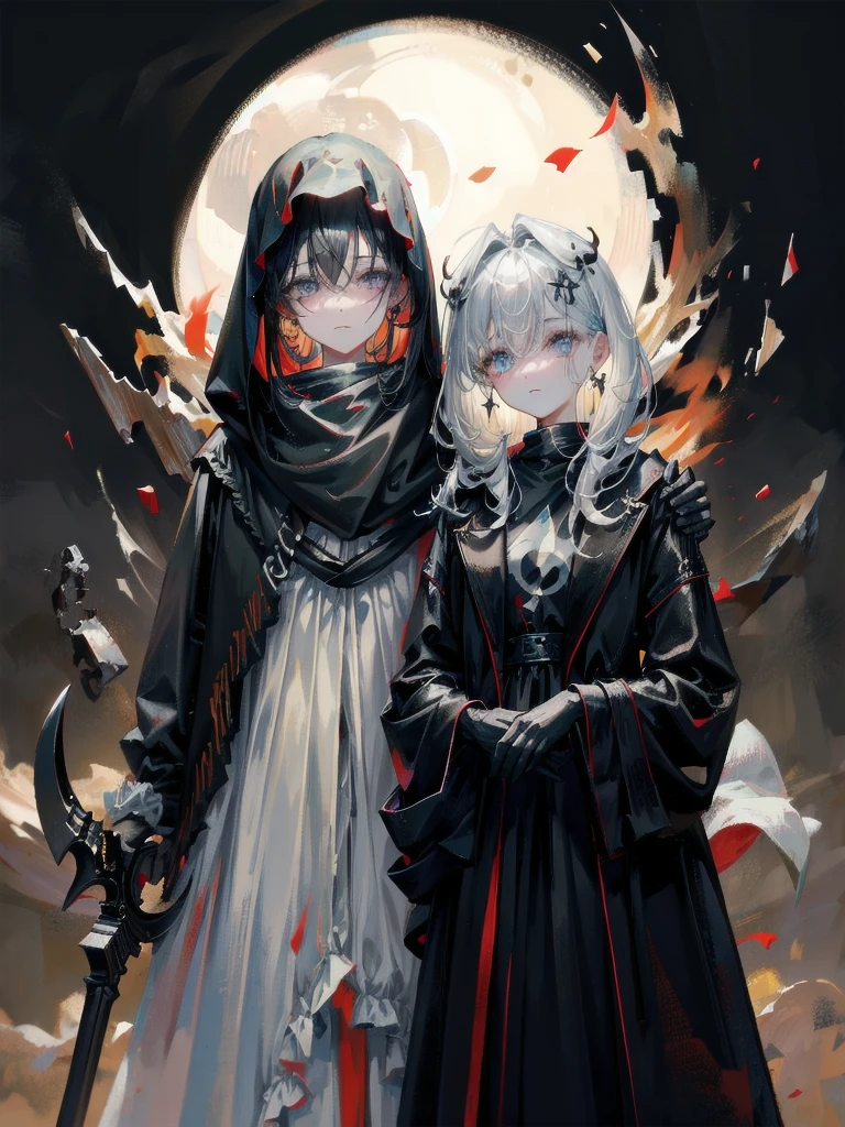 (ruined city), girl and grim reaper, black scythe, robe, absurdres, RAW photo, extremely delicate and beautiful, masterpiece, Best Quality, ultra high resolution, 32k, hyperrealistic, ultra-detailed, detailed description, pale skin, 20 years old, tearful mole, earring, short medium hair, wavy hair, whole body shot,