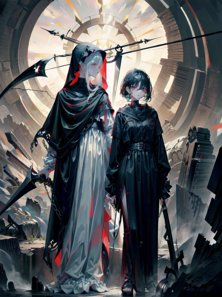 (ruined city), girl and grim reaper, black scythe, robe, absurdres, RAW photo, extremely delicate and beautiful, masterpiece, Best Quality, ultra high resolution, 32k, hyperrealistic, ultra-detailed, detailed description, pale skin, 20 years old, tearful mole, earring, short medium hair, wavy hair, whole body shot,