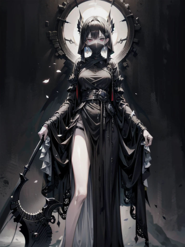 (ruined city), girl and grim reaper, black scythe, robe, absurdres, RAW photo, extremely delicate and beautiful, masterpiece, Best Quality, ultra high resolution, 32k, hyperrealistic, ultra-detailed, detailed description, pale skin, 20 years old, tearful mole, earring, short medium hair, wavy hair, whole body shot,