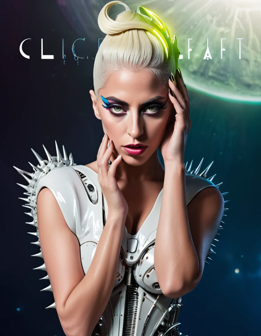 Lovecraftian Lady gaga, sexy cyborg body part, magazine cover, poster art , Lovecraftian creative creatures, hint of vibrant, bold huge text, matted design layout. technological elements, cosmic dread, noise background