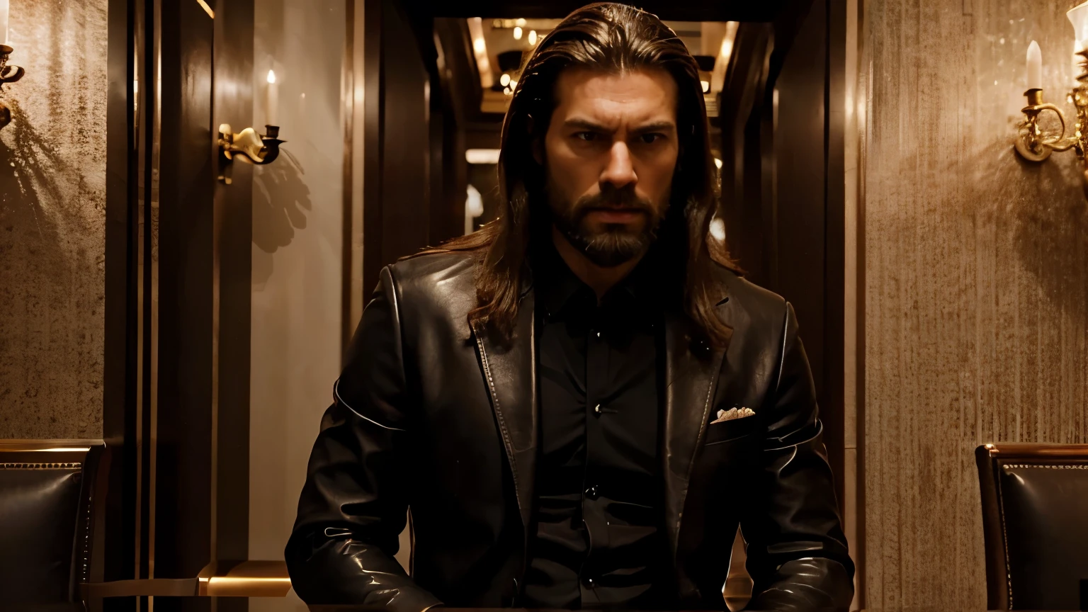 A rich man is very angry in a luxury restaurant - with long brown hair and a short beard - in a black leather suit - reality - natural - high quality with details - cinematic