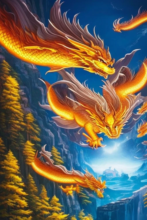 So sublime and divine々A beautiful golden dragon coiled up in the center of the screen, glaring at the camera.。金色のThe dragon is幸せをもたらす神なのでとても有難い存在である。The surrounding area is a canyon where no one can get close, and lightning is flashing in the background.、The sun is shining brightly。The dragon is、I want a realistic image。