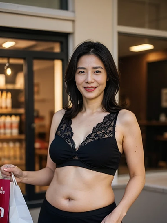 8k quality,masterpiece,best quality,cleveage,(Chest:2),50 year old woman,Wearing black underwear on upper body,Slightly fat,Smile,beautiful old woman,Shopping