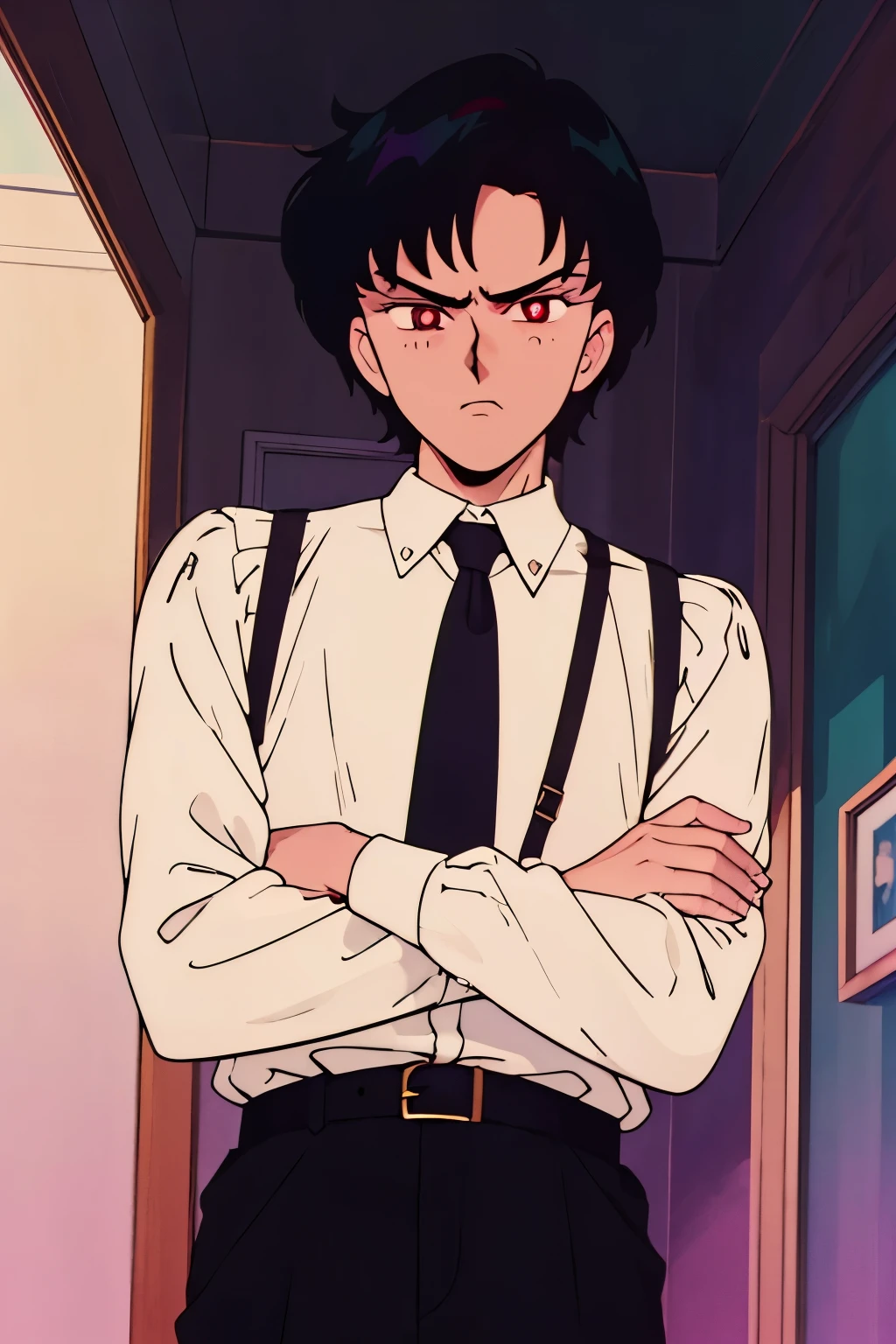 (masterpiece, best quality), intricate details, 8k, sharp focus, (best quality) (detailed skin:1.3) (intricate details) (8k) (detailed eyes) (anime) male character, short hair, short front of hair, black hair, red eyes, male, anime male, frontage, lovely boy, perfect face, detailed eyes, bold background, detailed accessories, unique outfit, sharp eyes, male, young man, idol, dark colours, pale skin, vampire, fangs, defined features, model, Sakuma Ritsu, comfortable clothes, dark room, cluttered room, indoors, detailed background, bold colours, sharp face, nighttime, night, pose, handsome, sleepy, tired, droopy eyes, male, pout, tsundere, posing, interacting with background, cluttered background, baggy outfit, darkness, dull, lace shirt, ruffled shirt, dark circles, white shirt, necktie, young, vintage clothing, ribbon, spoilt, affluent, regal, white cotton shirt, light coloured clothing