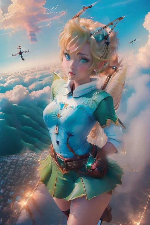 masterpiece, 8k, Perfect lighting, ,Adult , woman, View Viewer, Cinema Lighting, Cowboy Shot, (Tinkerbell:1.5),( (TinkerbellWaifu:1.1)), Single hair bun, (緑のwinter用コート), (Green clothes), ((Clothes made from leaves)), Pointed Ears, blue eyes, (Fine grain:1.2), blush, Shrank,(((Flying in the sky))), (((fly in the sky:1.8))), cloud, , winter, snow,