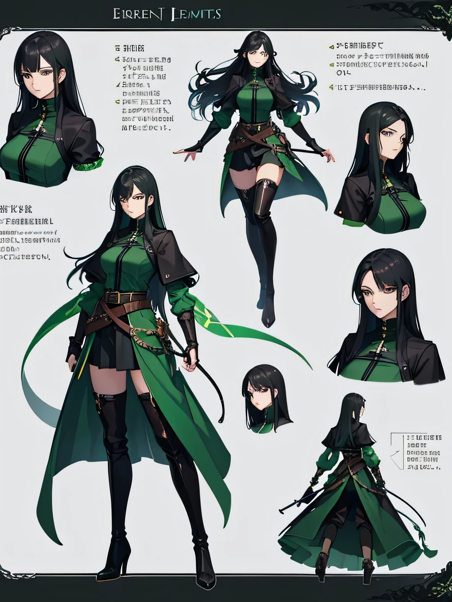 1female, female in her 30s, black fingerless gloves, long separate voile sleeves, big breasts, long over-the-knee black boots with green elements, knee-length skirt, sleeveless shirt, belt, several chains, short coat to the waist, long hair, staff, green elements on her clothes. character reference sheet. cold green and black colours. different poses. rpg character reference sheet; DARK FANTASY STYLE; GRASS MAGIC WIELDER!