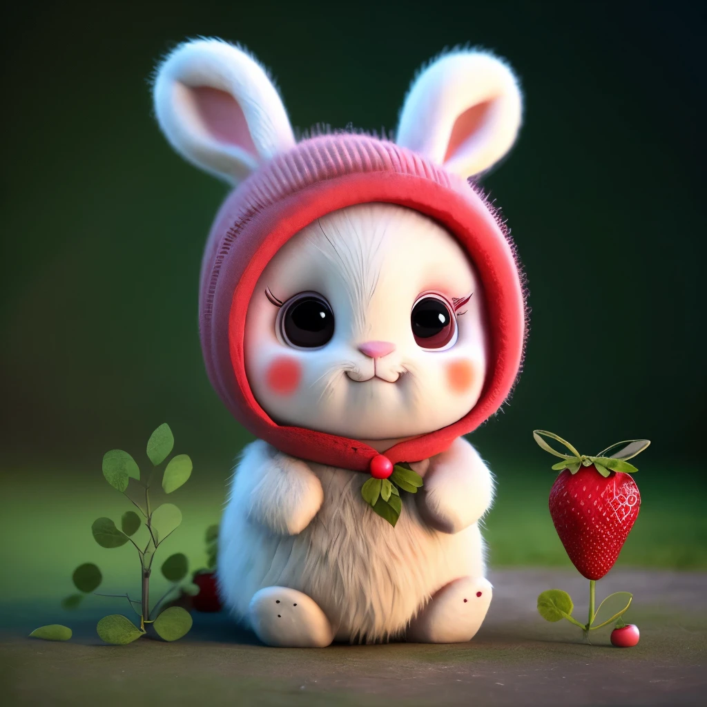 : 3. Rabbit, realistic, hairy, dressed beast, apple, dark circles, blush, cherry, food, fruit, whole body, hat, non-human, strawberry, tomato, watermelon