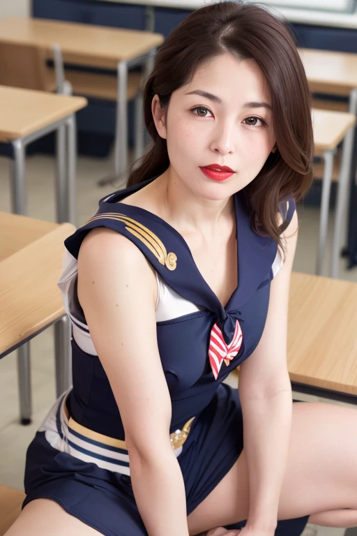 highest quality, 8k, High resolution, Very detailed, Realistic:1.37, anti-gravity environment, Beautiful Japanese Women, Mature Woman, Lady, Elderly woman, 55-year-old married woman, ((Small breasts)), Beautiful breasts, Soft Breasts, Sexy Breasts, Sweaty skin, (Full body emphasis), Fine wrinkles, Beautiful Lips, Sparkling Eyes, Looking straight ahead, (Red lipstick), School classroom, Low Ponytail, Dream teacher, Lewd appearance, (((Sailor Moon Costume:1.2))), ((Spread your legs)), Functional, Hedonistic, 