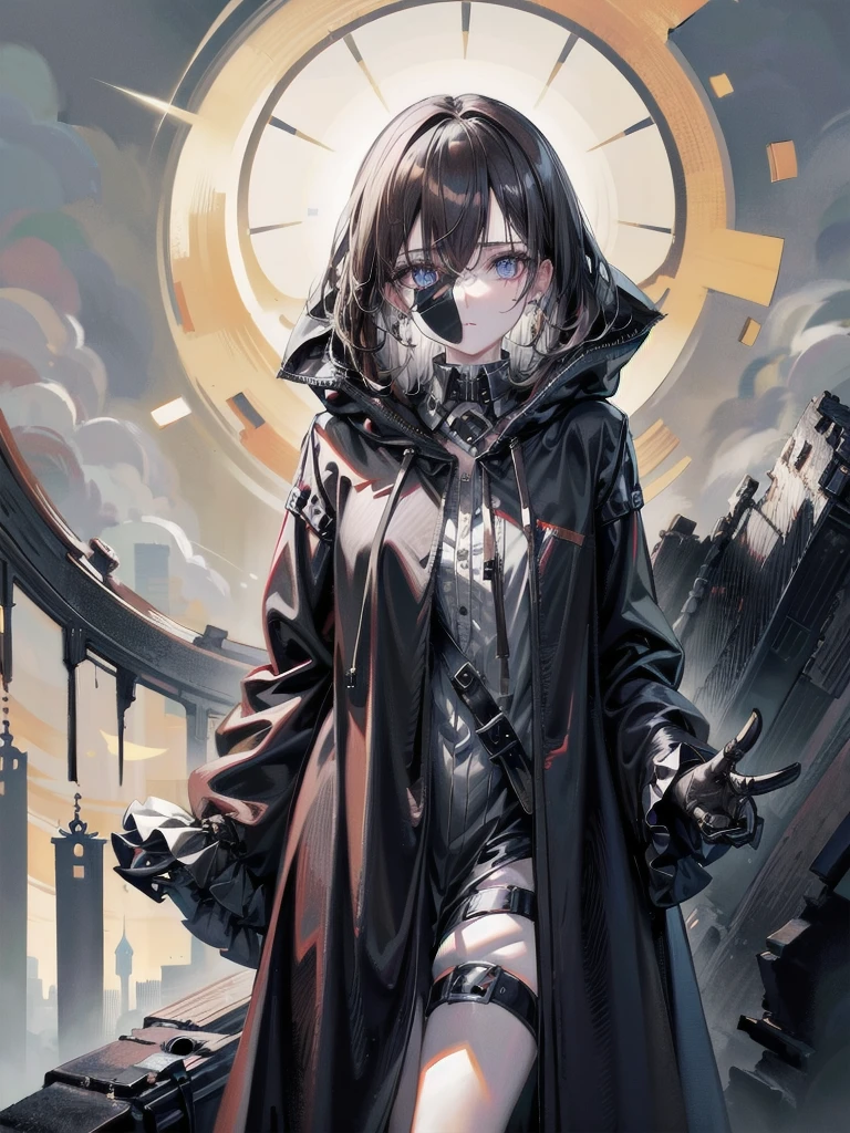 (ruined city), grim reaper, black scythe, robe, absurdres, RAW photo, extremely delicate and beautiful, masterpiece, Best Quality, ultra high resolution, 32k, hyperrealistic, ultra-detailed, detailed description, pale skin, 20 years old, tearful mole, earring, short medium hair, wavy hair, whole body shot,