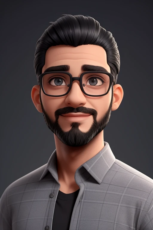 Um homem de 35 anos, com cabelo preto curto, camisa preta, rosto quadrado, nariz pequeno, e olhos preto, com barba curta, and wearing round glasses.