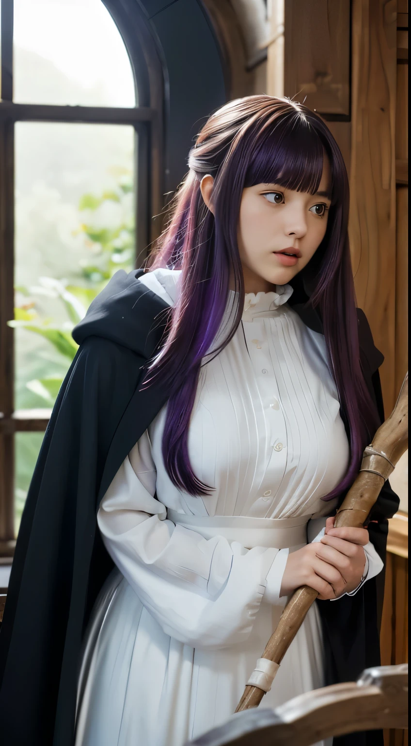 live-action, photo of, A scene inspired by the manga 'Frieren: Beyond Journey's End', fern, A hyper-realistic movie photograph of a beautiful cute girl with long, straight purple hair and blunt bangs cropped bangs, purple eyes, She is standing in a wooden room with large windows, holding a long staff wooden stick with a curved end, She is wearing a long, flowing white dress Ruffles around the neck with ((a black cloak)), The scene captures a serene and mystical atmosphere, reflecting the essence of a fantasy movie,(grasp a cane with both hands)