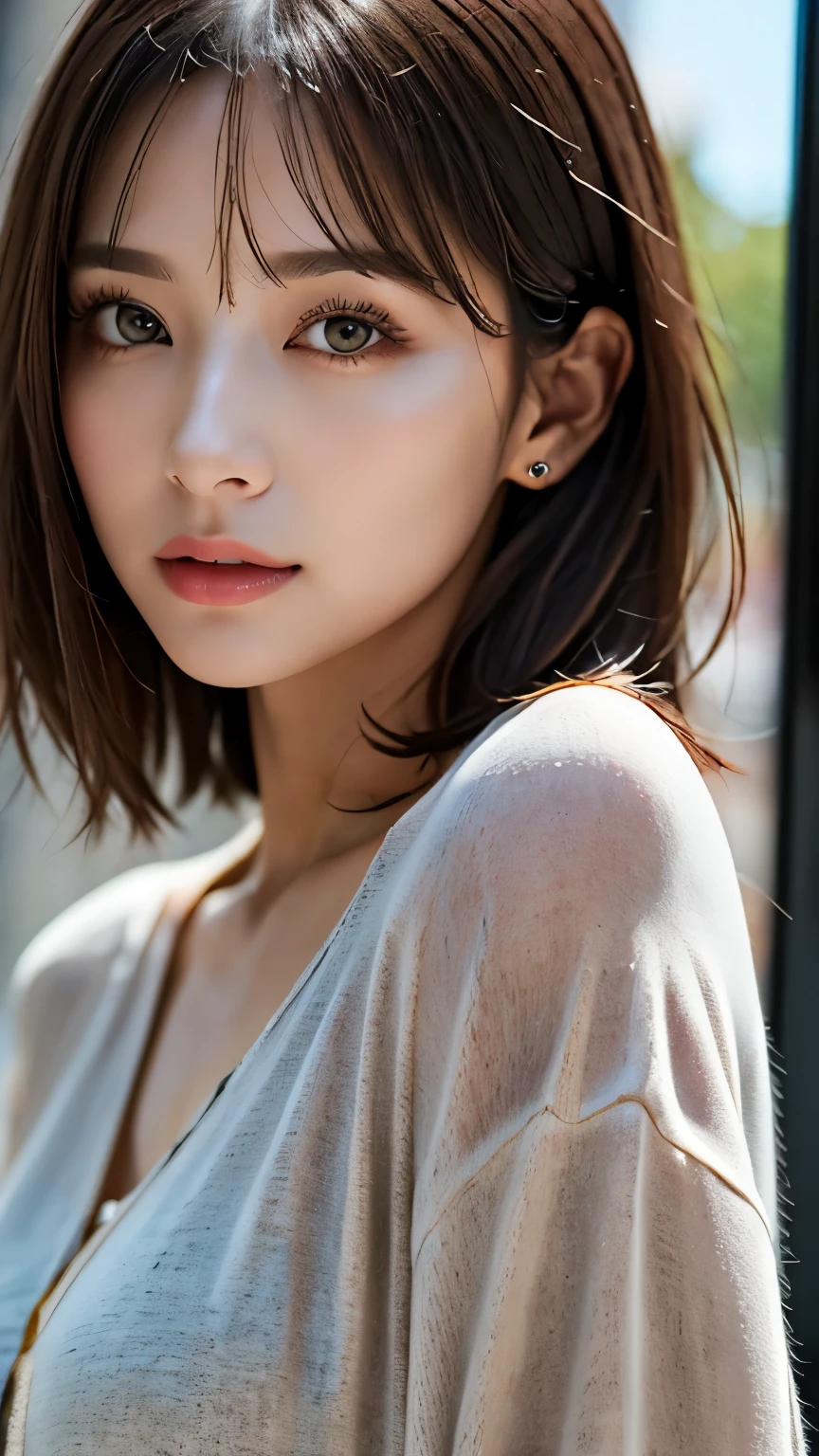 (hig彼st quality、8k、32k、masterpiece)、(Realistic)、(Realistic:1.2)、(High resolution)、(Random composition:1.6), Very detailed、Very beautiful face and eyes、1 girl、Delicate body、(hig彼st quality、Attention to detail、Rich skin detail)、(hig彼st quality、8k、Oil paints:1.2)、Very detailed、(Realistic、Realistic:1.37)、Bright colors, (Casual Fashion:1.3), Blunt bangs, 