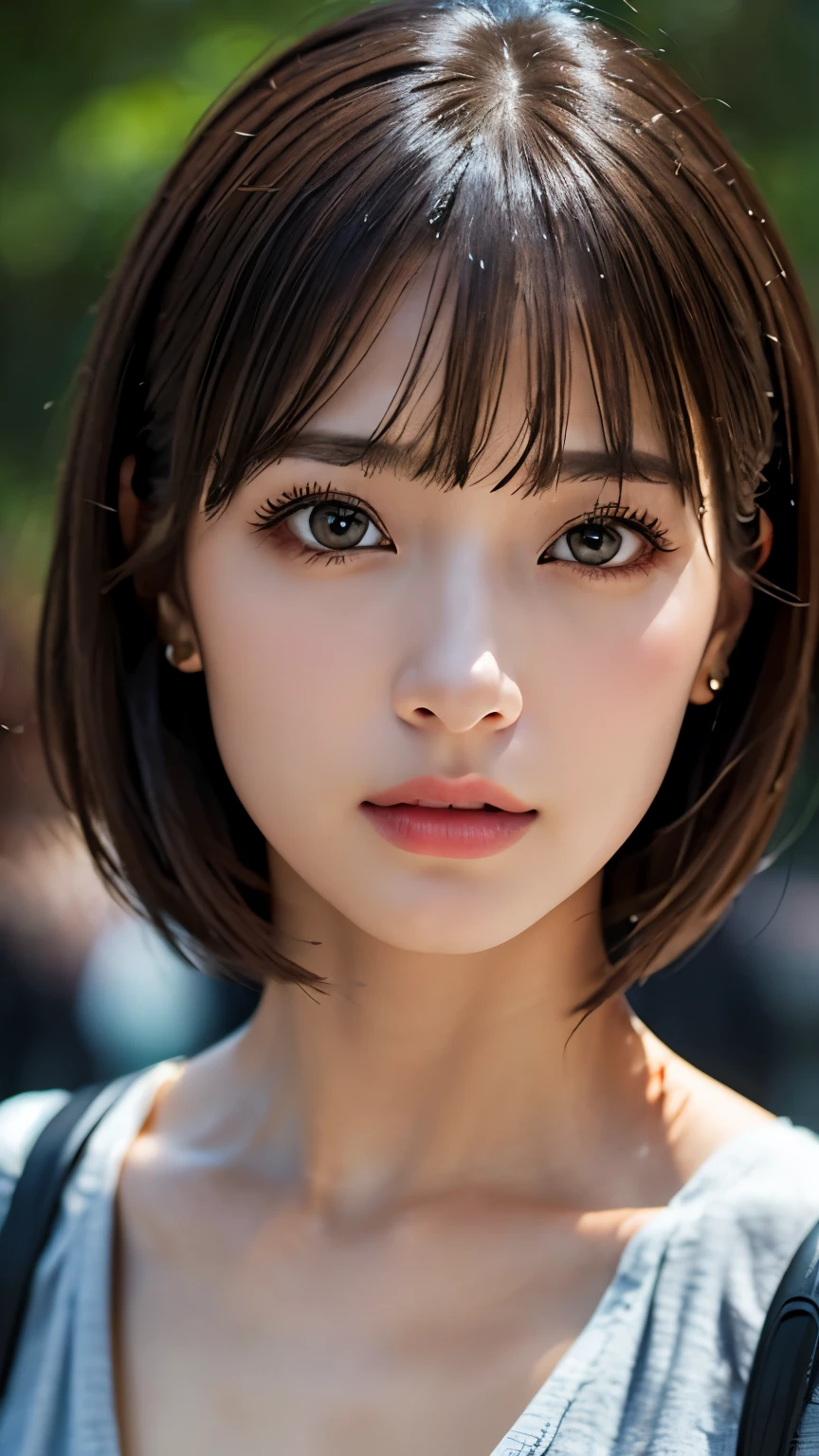 (hig彼st quality、8k、32k、masterpiece)、(Realistic)、(Realistic:1.2)、(High resolution)、(Random composition:1.6), Very detailed、Very beautiful face and eyes、1 girl、Delicate body、(hig彼st quality、Attention to detail、Rich skin detail)、(hig彼st quality、8k、Oil paints:1.2)、Very detailed、(Realistic、Realistic:1.37)、Bright colors, (Casual Fashion:1.3), Blunt bangs, 