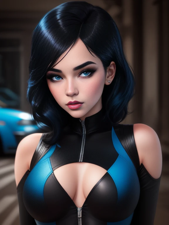 A stunning intricate full color portrait of Domino, pale skin, black hair, blue eyes, wearing a tight black and blue bodysuit, seductive, portrait, by ilya kuvshinov, alessio albi, nina masic, sharp focus, natural lighting, subsurface scattering, f2, 35mm, film grain, 