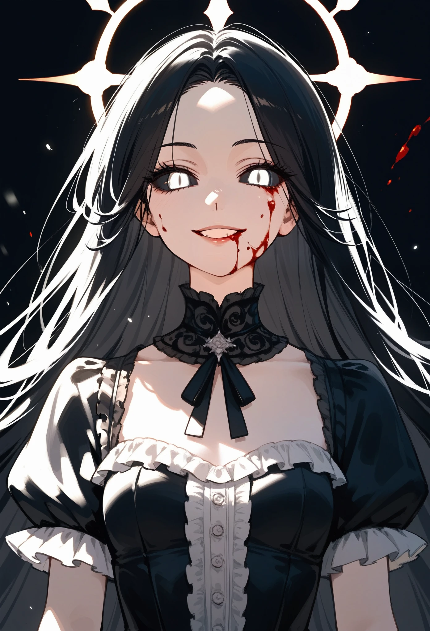 masterpiece, zoom out, score_9, score_8_up, score_7_up, portrait, 1girl, solo, black hair, long hair, parted bangs, white eyes, black sclera, (blood tears, small smile), evil, parted lips, innexpressive, small breasts, upper body, victorian fashion, black dress, frilled dress, short sleeves, halo, black background, best quality