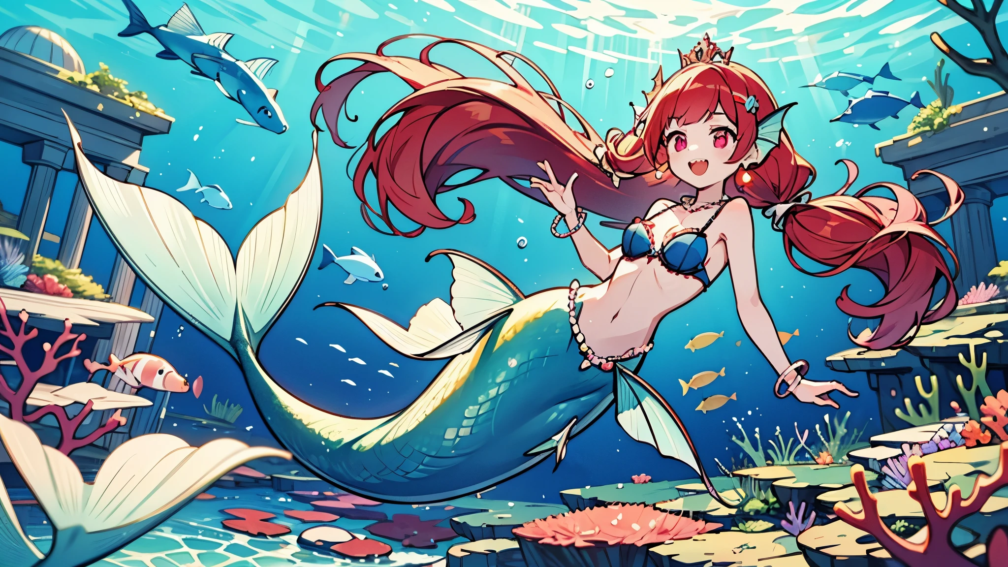 (best quality,4k,8k,highres,masterpiece:1.2),ultra-detailed, Pretty princess magically transformed into a beautiful mermaid, race swap, fantastic transformation, steampunk, long and detailed mermaid tail below waistline, fins ears, shimmering red fish scales, drawn in anime style, very long twintails red hair, sharp teeth, is smiling, pink eyes, small breast, long pelvic and dorsal fins, forearms fins, pair of fish gills on the torso, seashells bra, starfish hair clips, pearl earrings and bracelets, pearl necklace, hair ribbons, gold tiara, new beautiful body,she’s smiling,embracing her new life has a mermaid, underwater world,colorful coral reef,magical underwater lighting,vivid colors,breathing underwater,endless ocean depths,sunlight filtering through the water,joyful expression,playful mermaid poses,floating gracefully,serene and peaceful environment,sparkling water,water reflections,ethereal atmosphere,subtle glow,whimsical and enchanting,curious marine life,seaweed,seashells,blissful transformation,fantastical ocean adventure,beauty of the ocean depth.