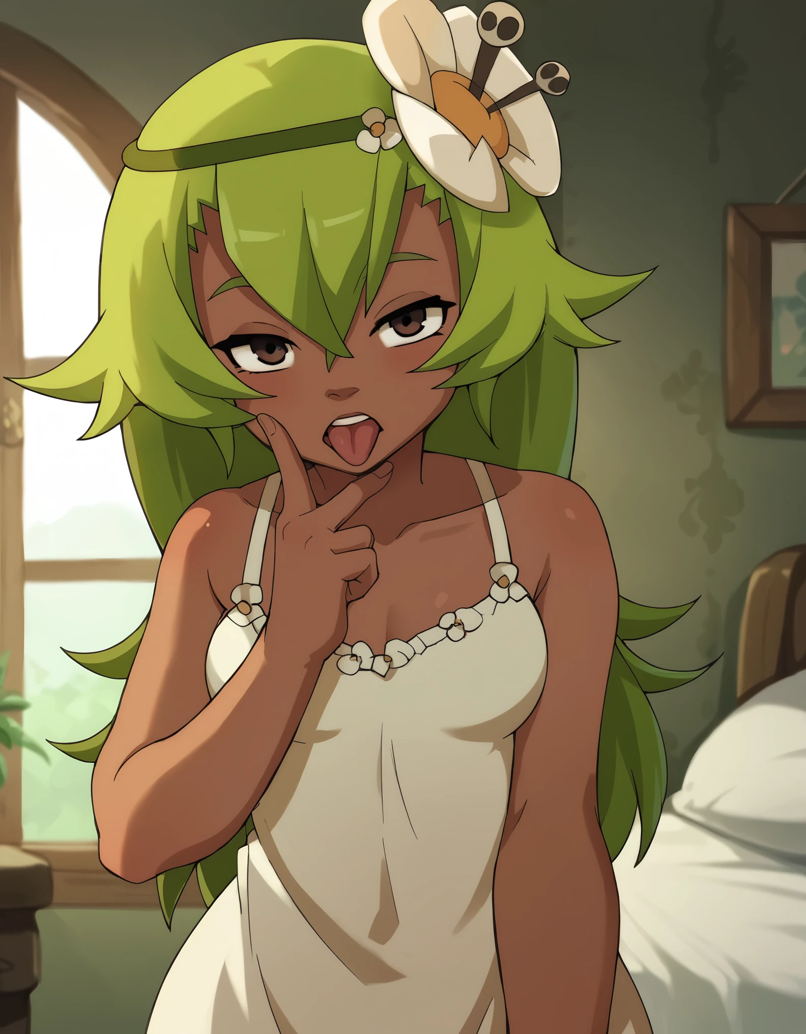 (score_9, score_8_up), score_7_up, score_6_up, anime screenshot, looking at viewer, clouds, 1girl, amalia sheran sharm, green hair, green hairband, hair ornament, hair flower, dark skin, brown eyes, nightgown, bedroom, looking at viewer,, half-closed eyes, cowboy shot,, cunnilingus gesture, open mouth, tongue, tongue out