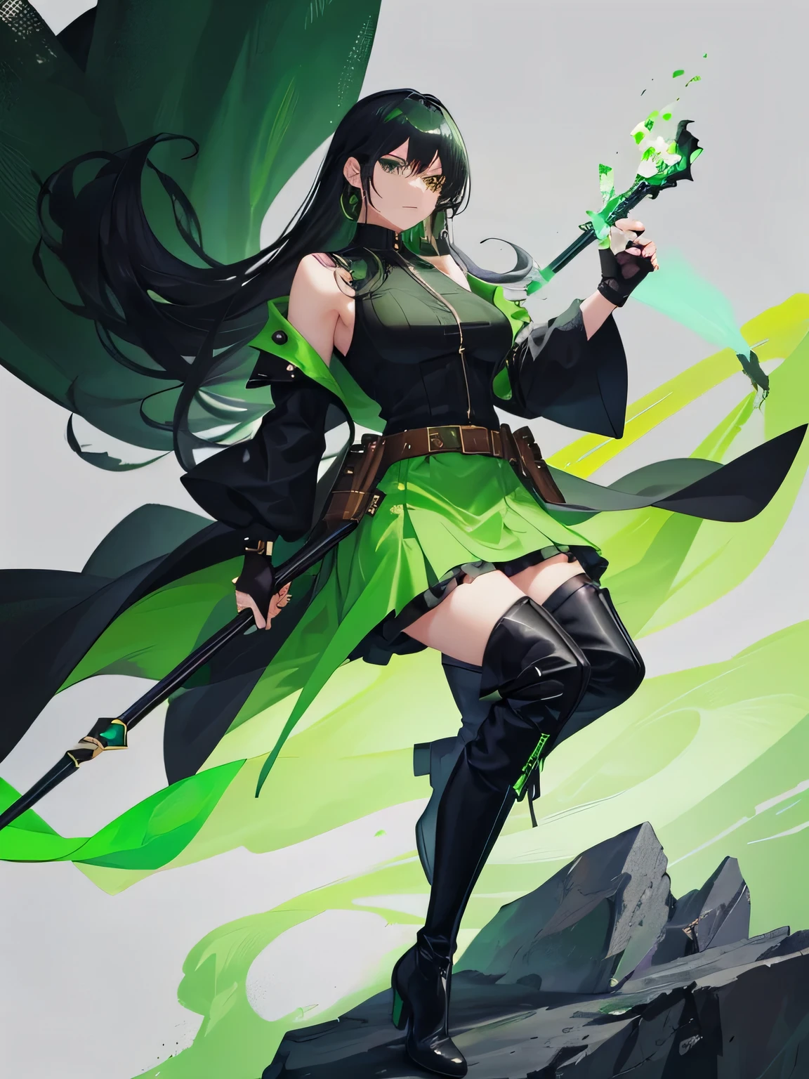 1female, female in her 30s, black fingerless gloves, long separate voile sleeves, big breasts, long over-the-knee black boots with green elements, knee-length skirt, sleeveless shirt, belt, several chains, short coat to the waist, long hair, staff, green elements on her clothes. cold green and black colours. dynamic pose. character poster style.