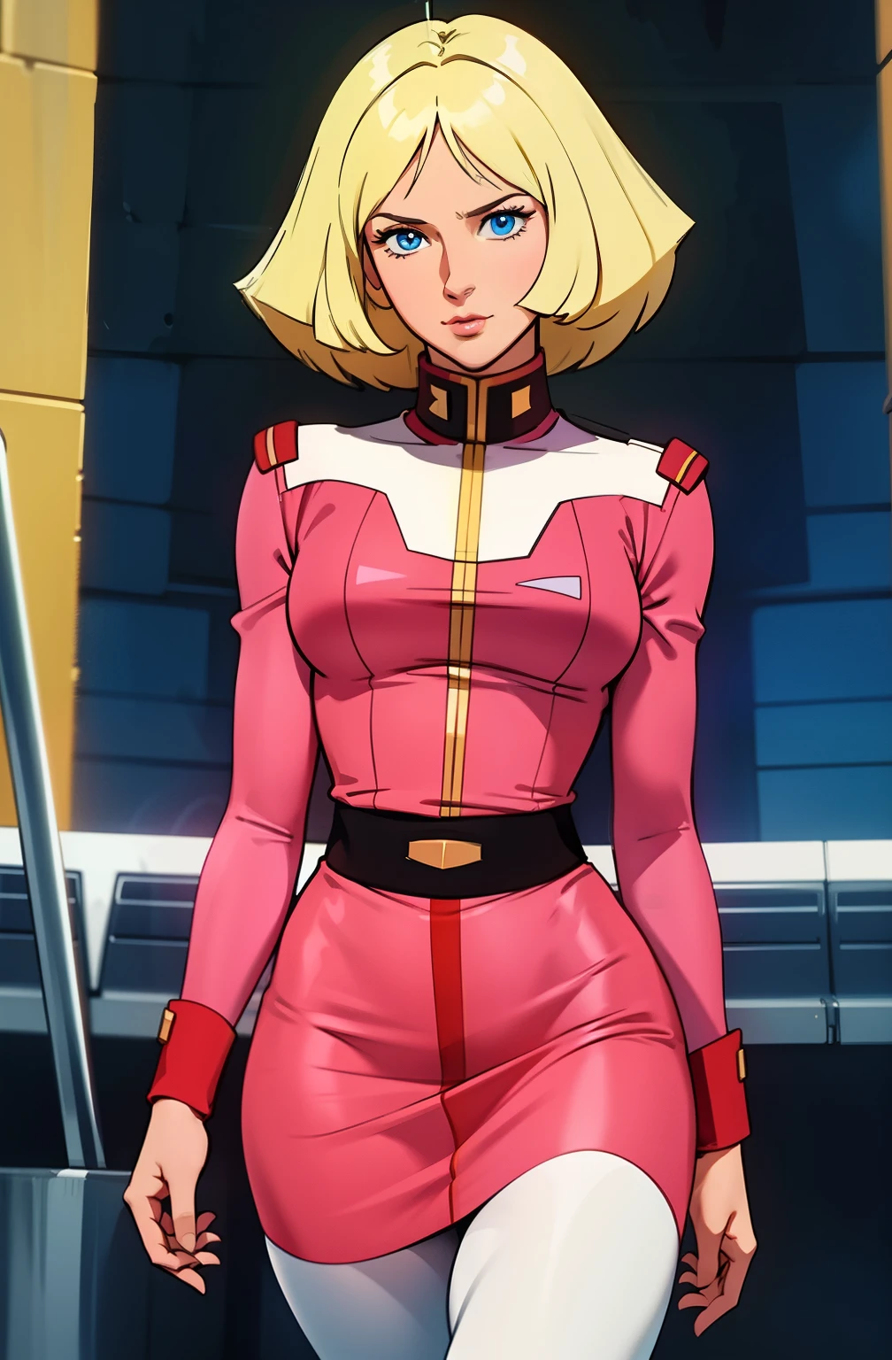 ((masterpiece)), ((cinematic lighting)), realistic photo、Real Images、Top image quality、1girl in, sayla mass, Elegant, masterpiece, Convoluted, slim arms, wide hips, thick thighs, thigh gaps, Best Quality, absurderes, high face detail, Perfect eyes, mature, Cowboy Shot, , Vibrant colors, soft pink uniform, soft pink Skirt, white tights