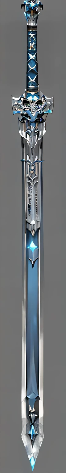 There is a silver and blue sword，There is a cross on it, Intricate Fantasy Spear, Armor Blade, Fantasy Sword, Sword Design, Great Sword, Void Glass Obelisk, Silver Sword, Shining Sword, Great sword, Fantasy Sword of warrior, Long-handled large knives, crystal column, Steel Sword, sci-fi sword, orc sword