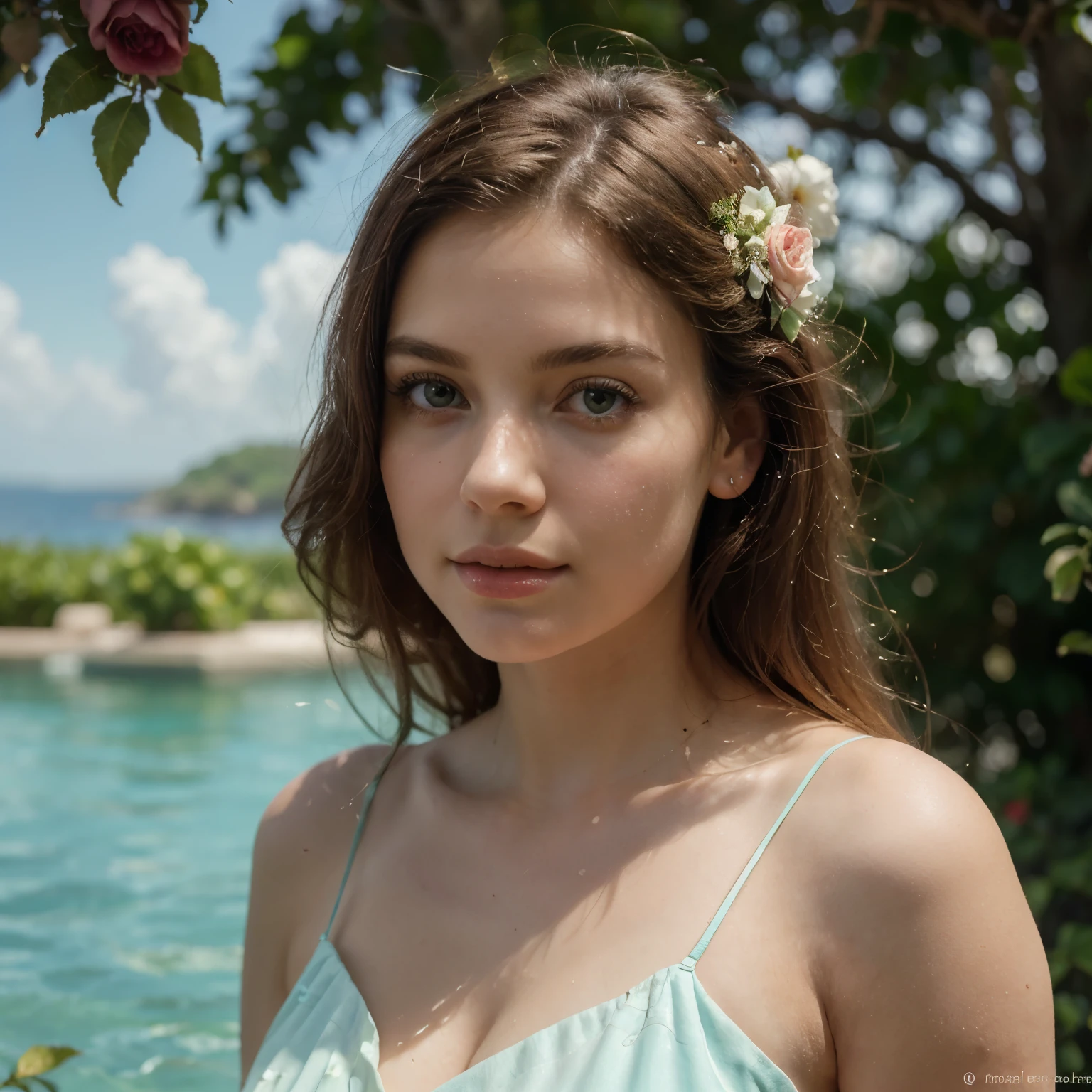 (best quality,4k,8k,highres,masterpiece:1.2),ultra-detailed,(realistic,photorealistic,photo-realistic:1.37),beautiful,graceful,Aphrodite in a blooming garden,ethereal beauty,radiant glow,soft lighting,feminine charm,serene expression,golden hair flowing in the wind,delicate facial features,rosy cheeks,vibrant blue eyes,pouty lips,flowing white dress,floating gracefully in the air,flowers surrounding her,fragrant roses,butterflies fluttering around her,gentle breeze,rays of sunlight streaming through the trees,vivid colors,impeccable details in every petal and leaf,lush greenery,majestic marble statues in the background,sparkling turquoise ocean in the distance,peaceful atmosphere,enchanted paradise,classic oil painting style
