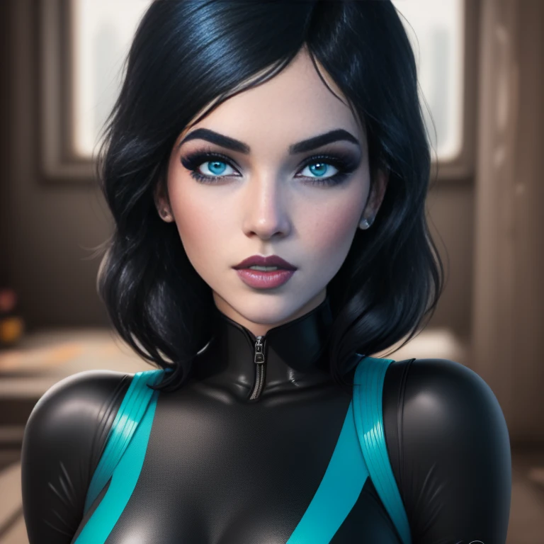 A stunning intricate full color portrait of Domino, marveldomino, colored skin, makeup, black hair, blue eyes, wearing a tight black and blue bodysuit, seductive, portrait, by ilya kuvshinov, alessio albi, nina masic, sharp focus, natural lighting, subsurface scattering, f2, 35mm, film grain, 