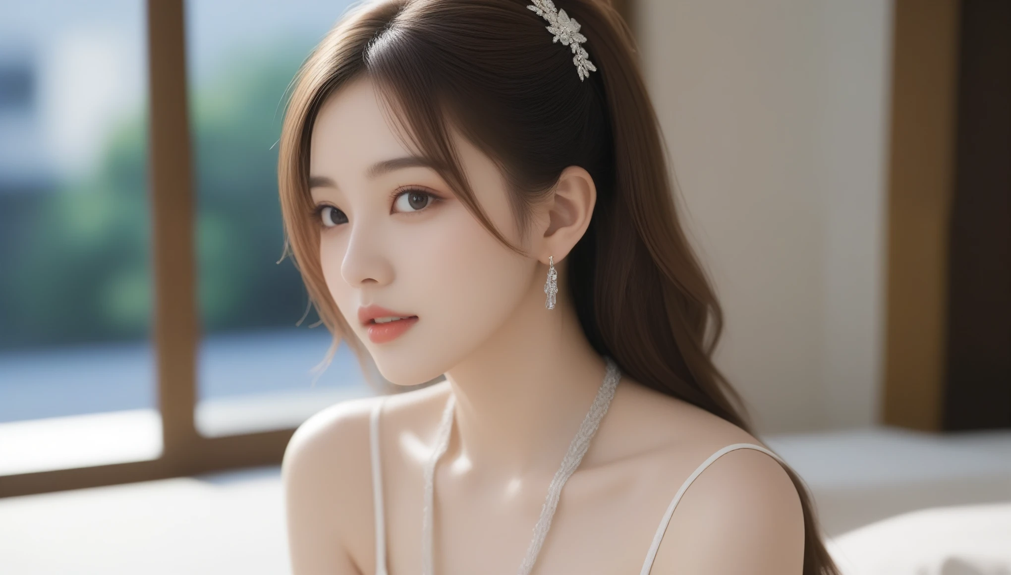 8k, Ultra-high resolution, highest quality, masterpiece, Surreal, photograph, 1 girl, (16 years old:1.3), pretty girl, Cute Face, Beautiful eyes in every detail, 細かくdetailedに,masterpiece,Japan Female Announcer,(masterpiece:1.21),(highest quality:1.21),8k,detailedな,超detailed,Depth of written boundary,Wide-angle, Mid Shot, Intermediate pose ,Full body hip-raising pose , Above Knee Pose , One girl,Beautiful Face,Graceful Hands,Real skin texture,alone,View Viewer,Beautiful backgrounds are trending,(灰colorの背景のポートレートphotograph),Iris,Beautiful fine details,random_color_lipstick,eyeliner,eyelash,random_color_nail_Grinding,Earrings,necklace,Metallic copper hair,Updo,Conceit,High key lighting,Shadow,Sexy pose、See through 、Looking at the audience、beauty,Long neck、Laugh a little、Please close your mouth and laugh、(((Ideal body type))),A-cup small breasts :2,、Portraiture:2、Perfect Anatomy、鮮明なdetailed、detailed、Surreal、光とShadow,Strong light,Fashion magazine cover,Thin lips