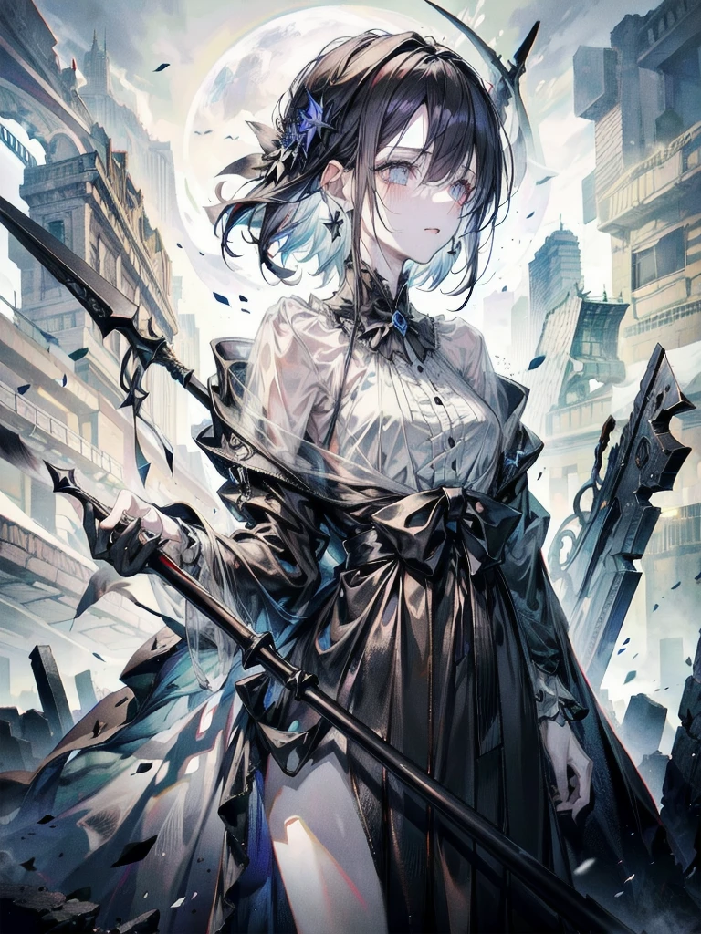 (ruined city), grim reaper, black scythe, robe, absurdres, RAW photo, extremely delicate and beautiful, masterpiece, Best Quality, ultra high resolution, 32k, hyperrealistic, ultra-detailed, detailed description, pale skin, 20 years old, tearful mole, earring, short medium hair, wavy hair, whole body shot,