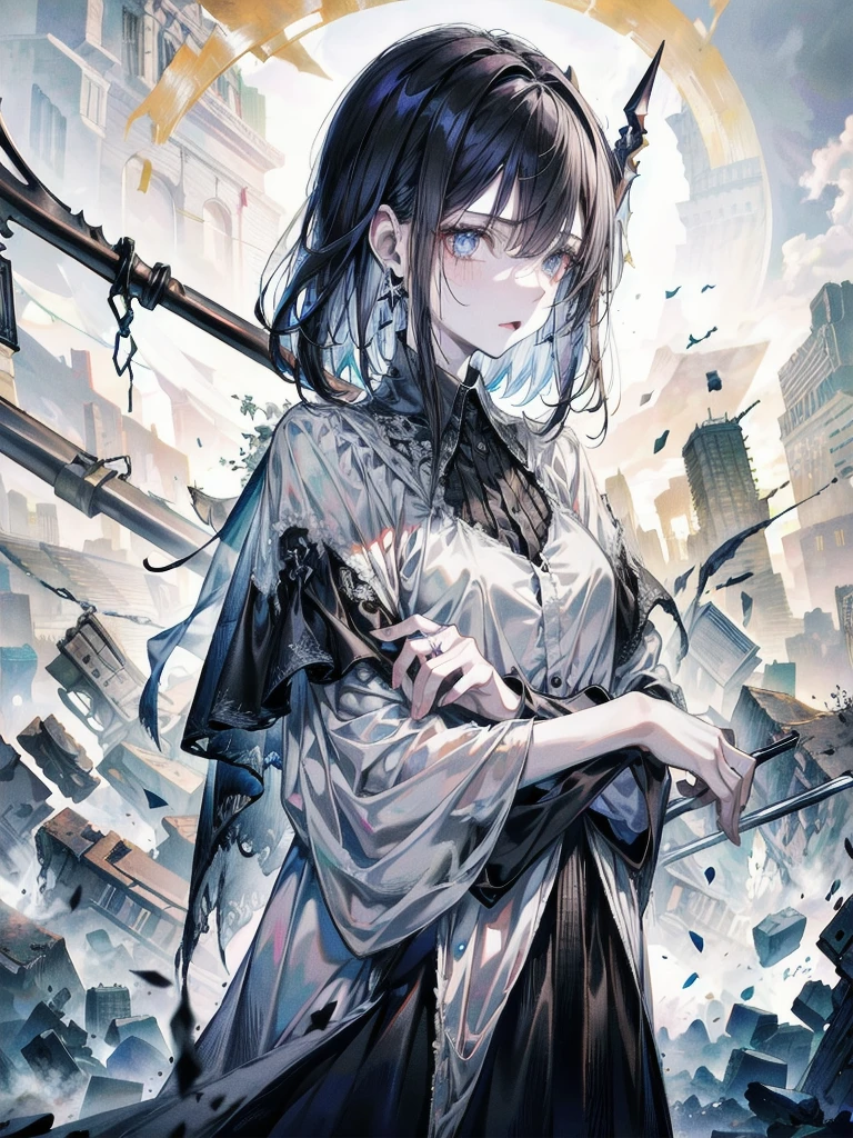 (ruined city), grim reaper, black scythe, robe, absurdres, RAW photo, extremely delicate and beautiful, masterpiece, Best Quality, ultra high resolution, 32k, hyperrealistic, ultra-detailed, detailed description, pale skin, 20 years old, tearful mole, earring, short medium hair, wavy hair, whole body shot,